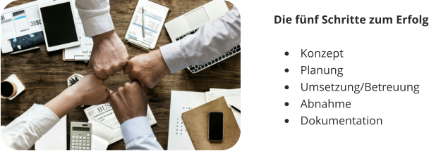 Die fünf Schritte zum Erfolg  •	Konzept •	Planung •	Umsetzung/Betreuung •	Abnahme •	Dokumentation